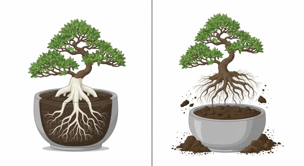 Illustration comparing a securely wired bonsai with healthy roots versus an unwired, unstable tree with damaged roots.