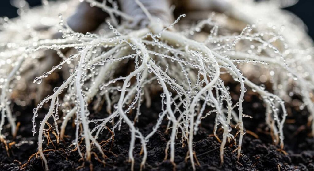 Macro close-up of delicate white feeder roots of a bonsai tree, highlighting the fragile system damaged during repotting.