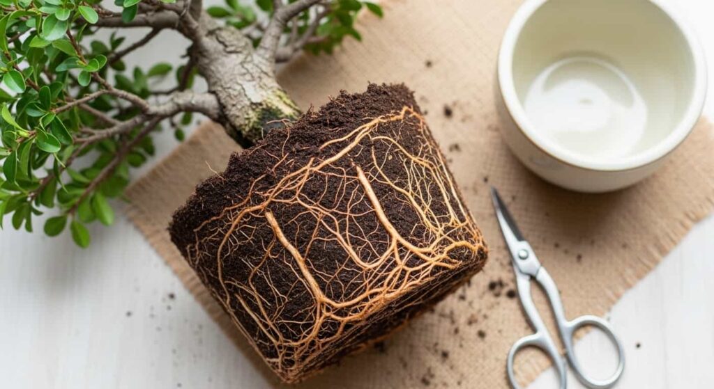 Close-up of a bonsai tree's root ball after pruning, showing the reduced root mass and clean cuts before being repotted into a new container.