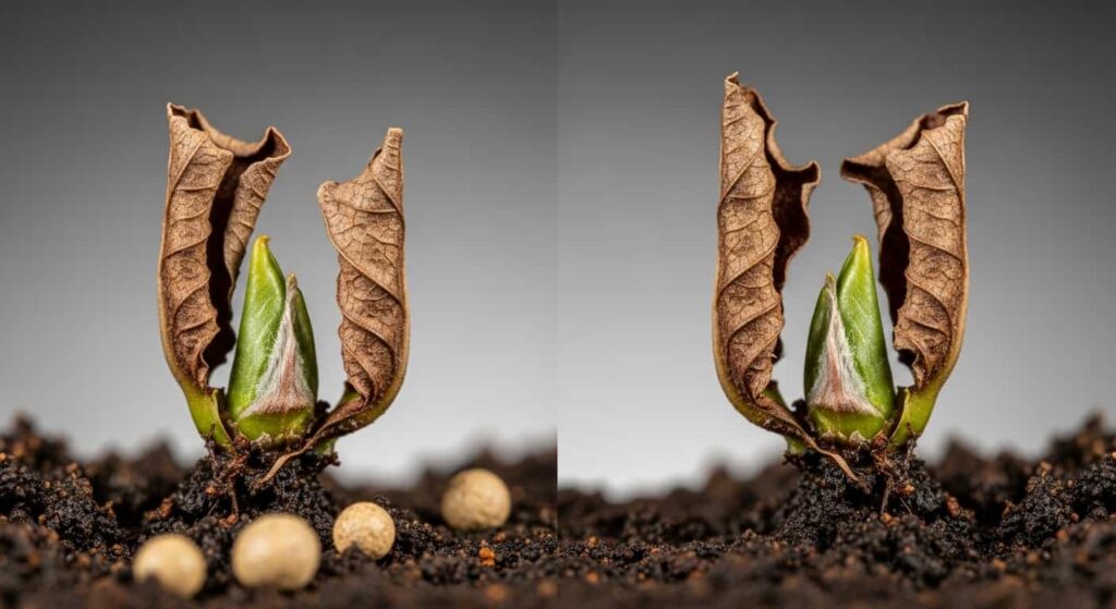 Macro shot illustrating fertilizer burn on bonsai leaves with soil and fertilizer pellets in the background