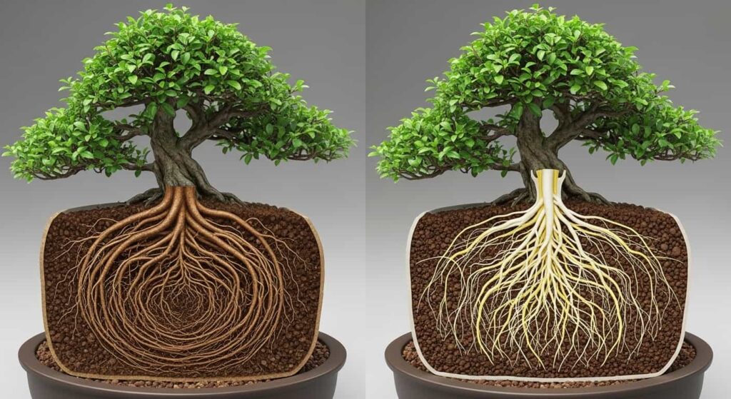 Split-view illustration comparing a root-bound bonsai with circling thick roots versus a healthy bonsai with a vibrant network of fine white feeder roots in fresh soil.