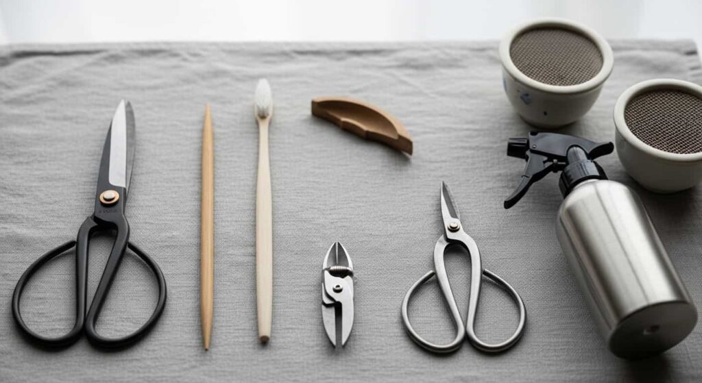 Flat lay of essential tools for jade bonsai root pruning including scissors, chopstick, brush, and a ceramic pot on a grey linen background.