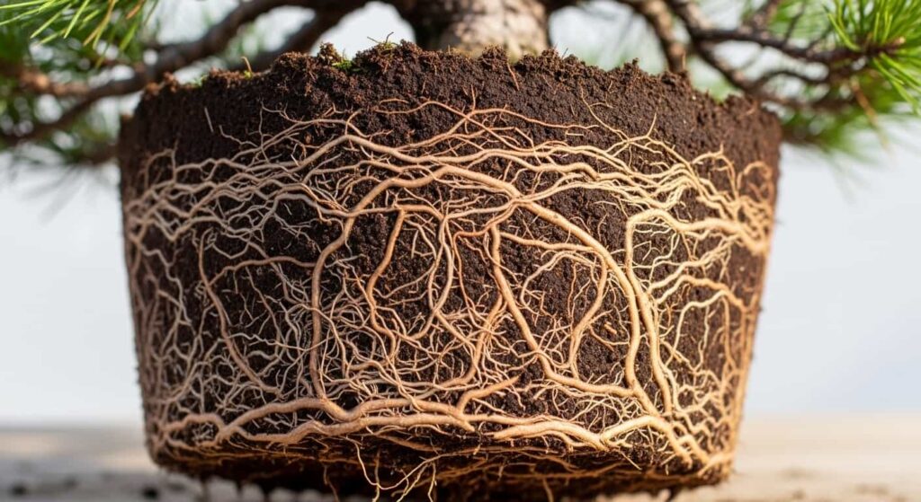 Cross-section of pot-bound pine bonsai root system showing dense circling and girdling roots compressed against container walls