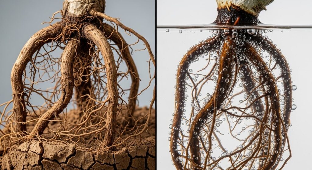 Comparison of dry bonsai roots vs hydrated roots underwater showing health differences for root trimming
