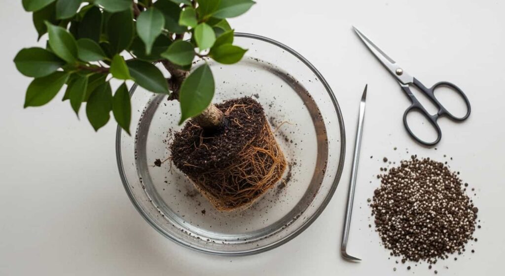 A Ficus bonsai tree with its roots submerged in a water bowl for root washing, with pruning shears and fresh soil nearby on a workspace.