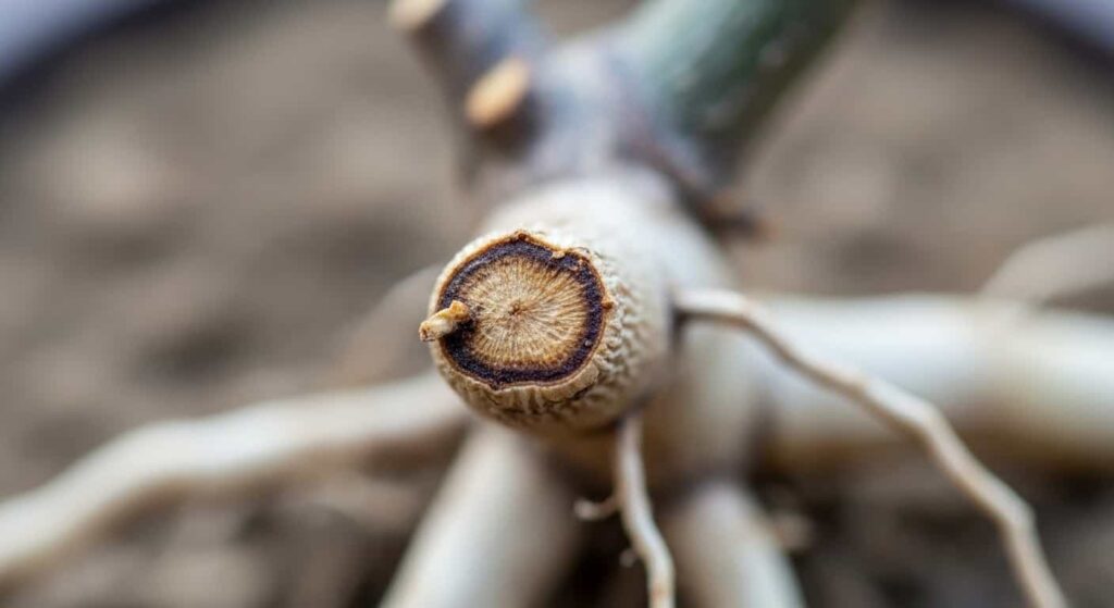 Macro photo of a pruned bonsai root tip undergoing normal oxidation, appearing dry and brown, a sign of healthy healing after repotting.