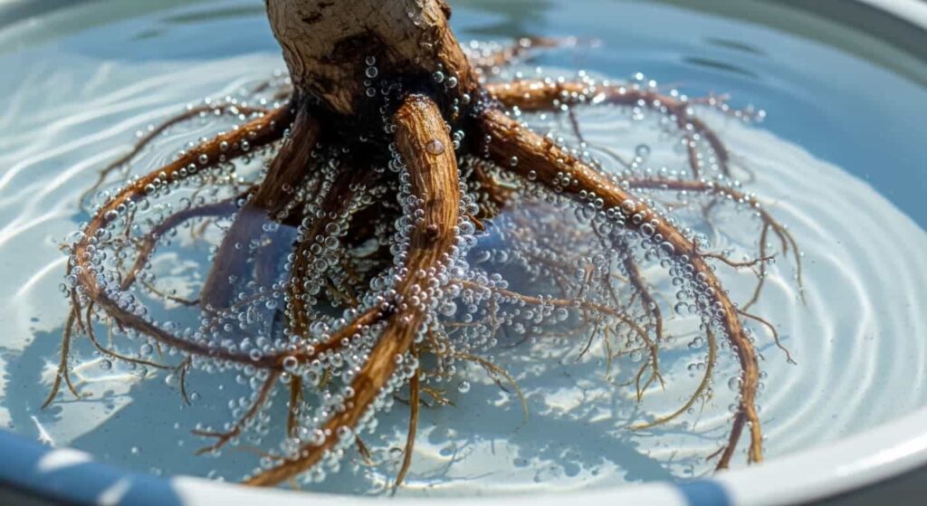 bonsai tree roots fully submerged in water showing fine root hairs and air bubbles