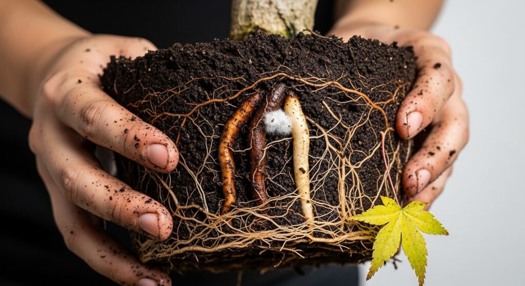 Close-up of a bonsai root ball held in hands, showing a contrast between healthy white roots and dark brown, mushy roots affected by root rot with visible white fungus.