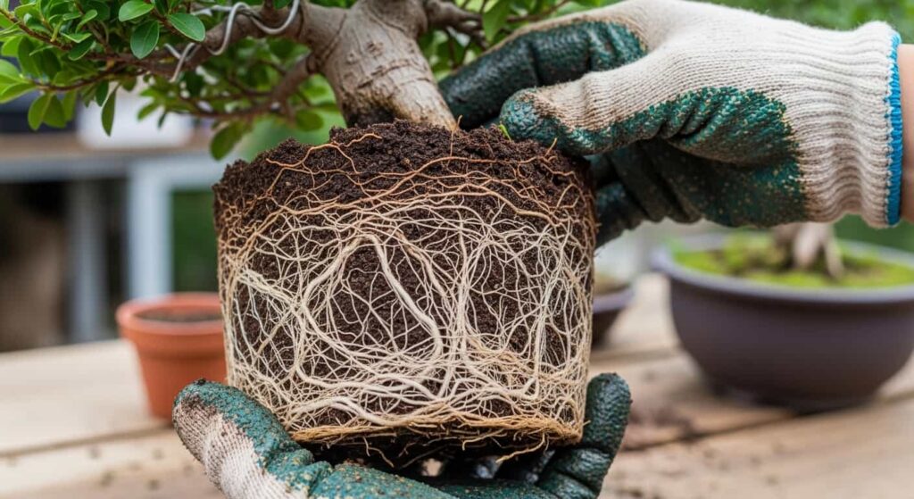 Close-up of a pot-bound Cotoneaster bonsai root ball, showing thick, circling white roots wrapped around compacted soil, illustrating the need for root pruning.