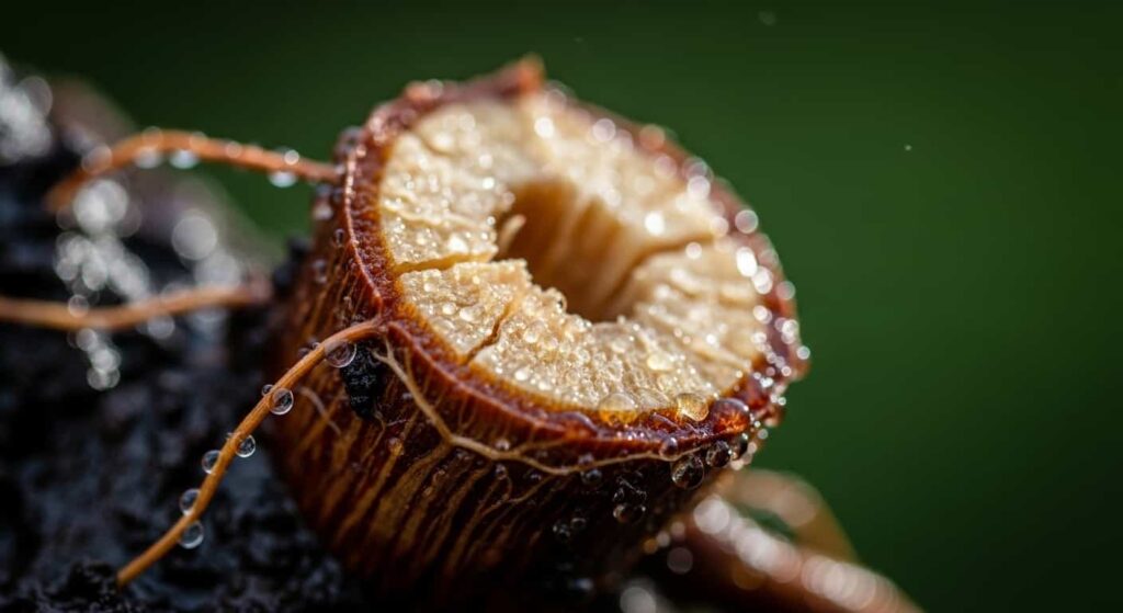 Extreme macro view of a moist, freshly cut bonsai root tip, highlighting the open wound vulnerable to fungal infections like Phytophthora.