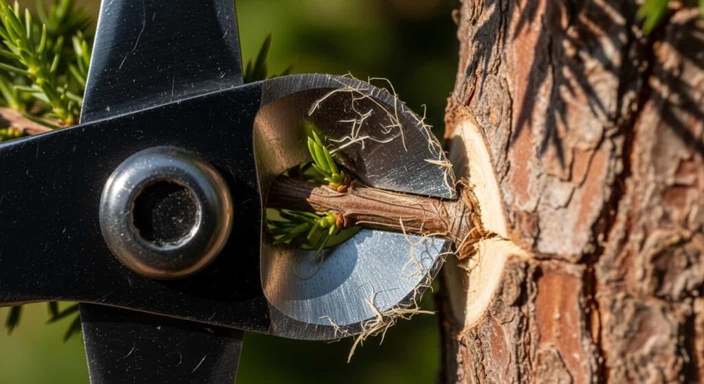 Macro shot of a bonsai concave cutter removing a branch flush with the trunk, creating a concave wound for optimal healing.