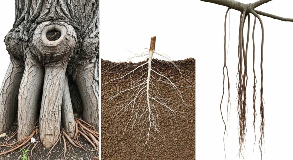 Comparative photograph of three banyan bonsai root types - structural nebari surface roots, fine feeder roots, and aerial prop roots hanging from branches