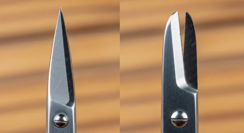 Side-by-side macro comparison of pointed versus rounded bonsai root scissor tips, highlighting the precision of the pointed tip for detailed root work and the safety of the rounded tip for working near delicate nebari.