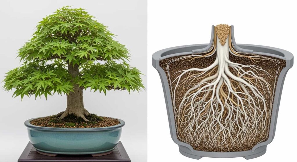 A split-image showing a healthy Japanese maple bonsai above soil and its corresponding robust, well-distributed root system below the soil line, illustrating the foundation of tree health.