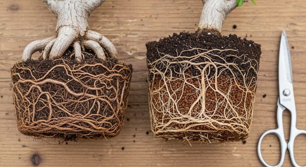 Side-by-side comparison of a congested, circling black pine root ball and a healthy root system with abundant feeder roots, with bonsai scissors for scale on a wooden workbench.