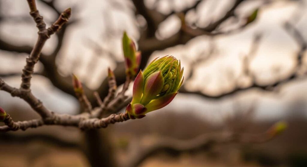 Close-up of a Japanese maple bonsai branch in early spring with swollen buds about to break, indicating the ideal and safest time for root washing.