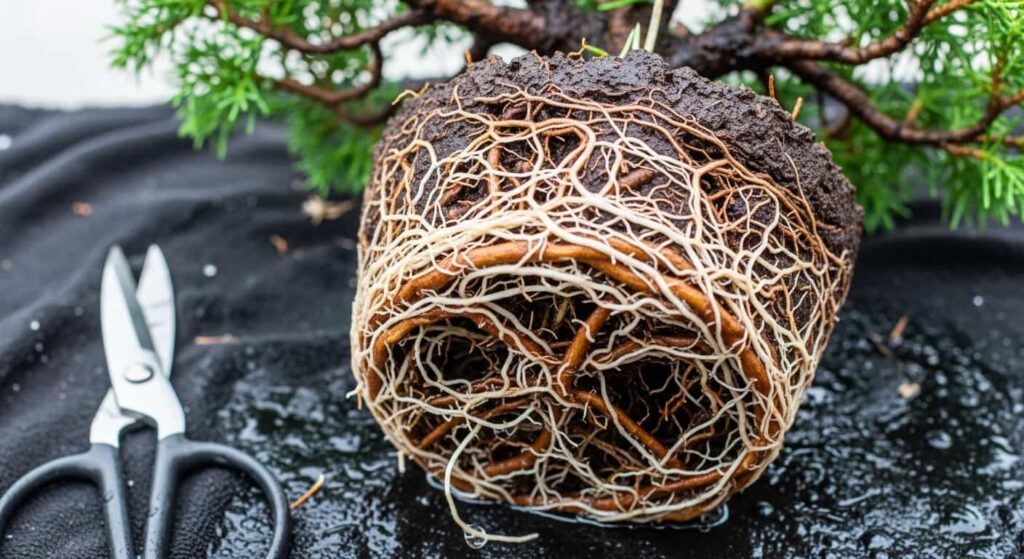 Exposed white radial roots of a juniper bonsai after root washing, ready for pruning dead and circling roots.