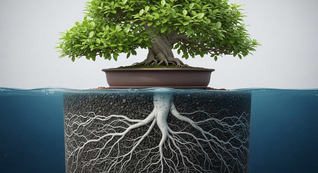 Split-view illustration of a bonsai tree in a pot, showing healthy green foliage above ground and a congested, compacted root system with circling roots below the soil.