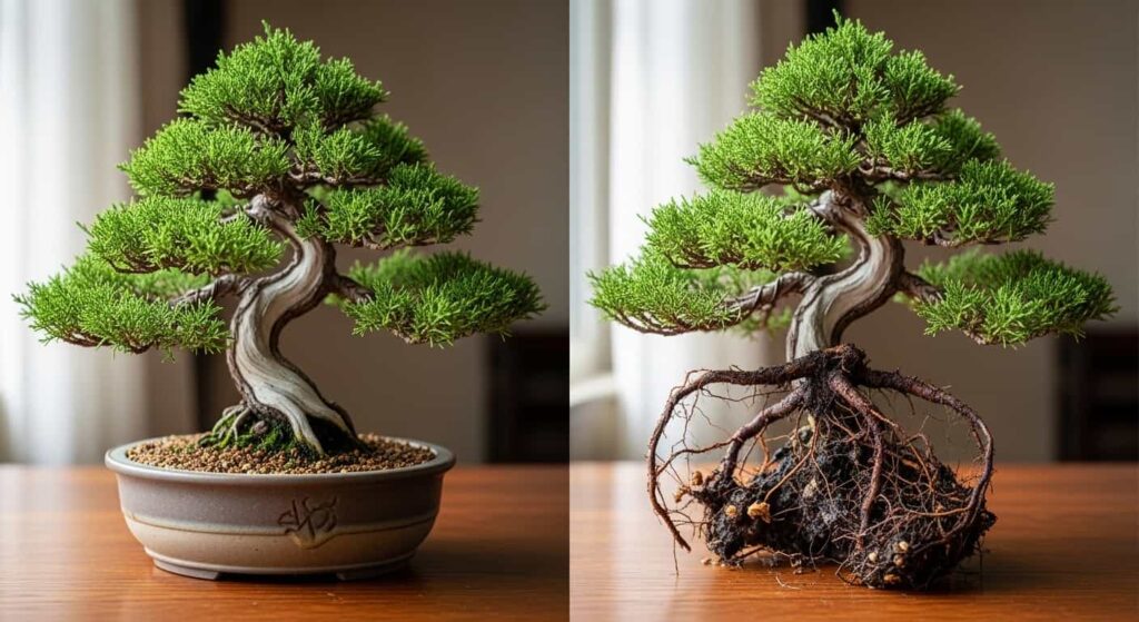 A bonsai tree in a pot next to its exposed root ball showing severe root rot damage.