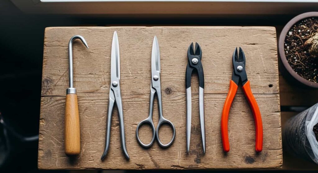 Comparison of essential bonsai root pruning tools including a root hook, root scissors, knob cutters, and concave cutters on a workbench.