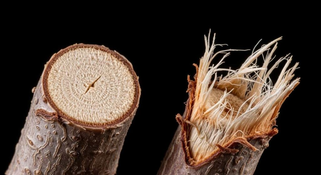 Macro comparison showing a cleanly cut bonsai root on the left versus a torn, jagged root cut from a dull tool on the right.