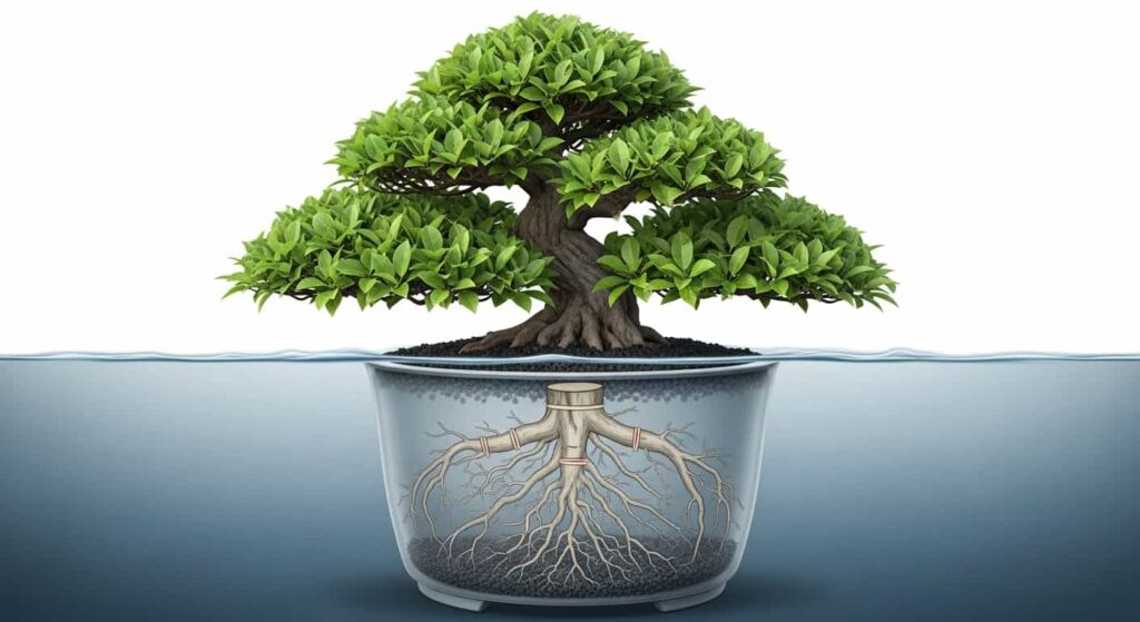 Split illustration showing a bonsai with full foliage above soil and a sparse, pruned root system below.