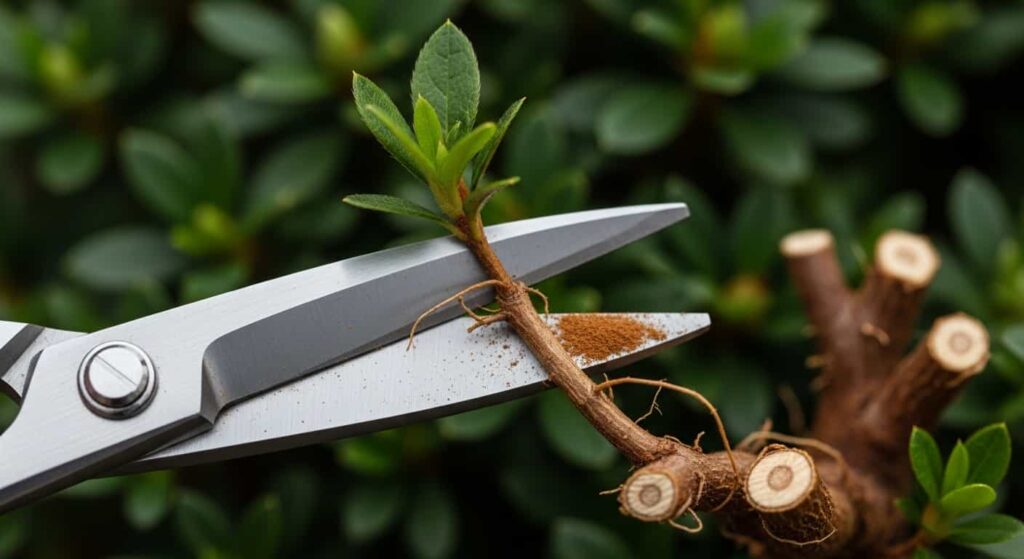Close-up of stainless steel shears making a clean cut on an azalea root during bonsai root pruning, with cinnamon powder applied to cut ends to prevent fungal infection.