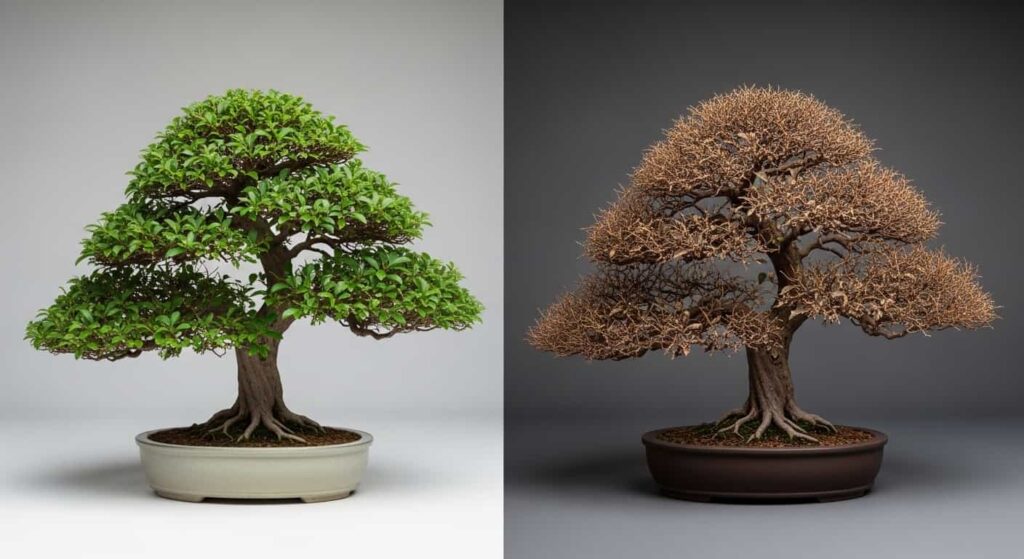 Comparison of a healthy bonsai tree with lush foliage next to a dying bonsai with wilted leaves, illustrating the consequence of poor timing in root pruning.