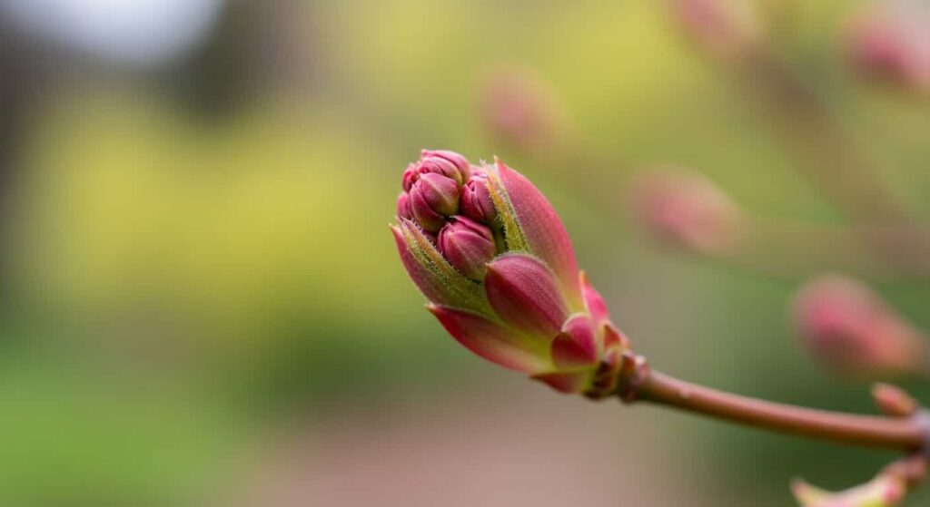 Macro photo of swelling Japanese maple buds in early spring, the perfect visual indicator for when to begin root pruning bonsai.