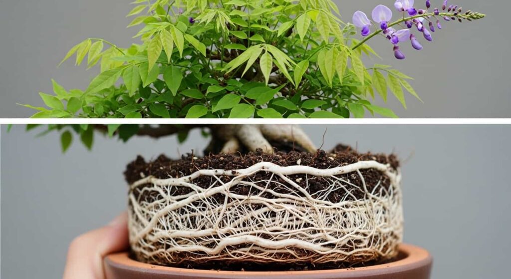 Close-up view of a wisteria bonsai root ball removed from its pot, showing severe root binding with dense, circling roots and compacted soil.