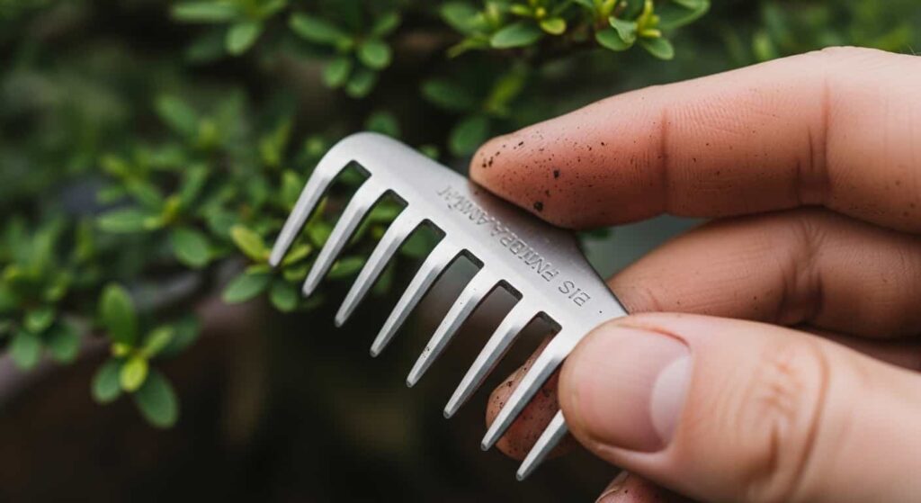 close up of hand holding stainless steel bonsai root rake with blurred green foliage background
