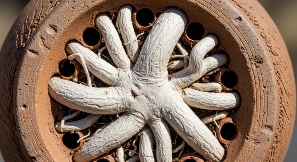 bonsai roots growing out of pot drainage holes indicating need for repotting