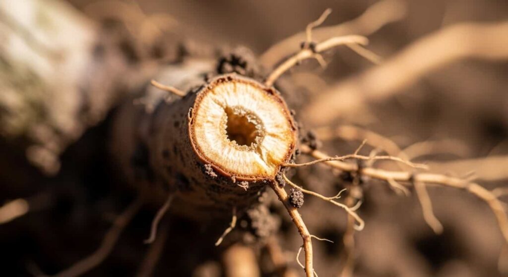 Macro photograph of a freshly cut bonsai tree root tip, showing the vulnerable inner tissue and the importance of sterilized tools to prevent infection during root pruning.