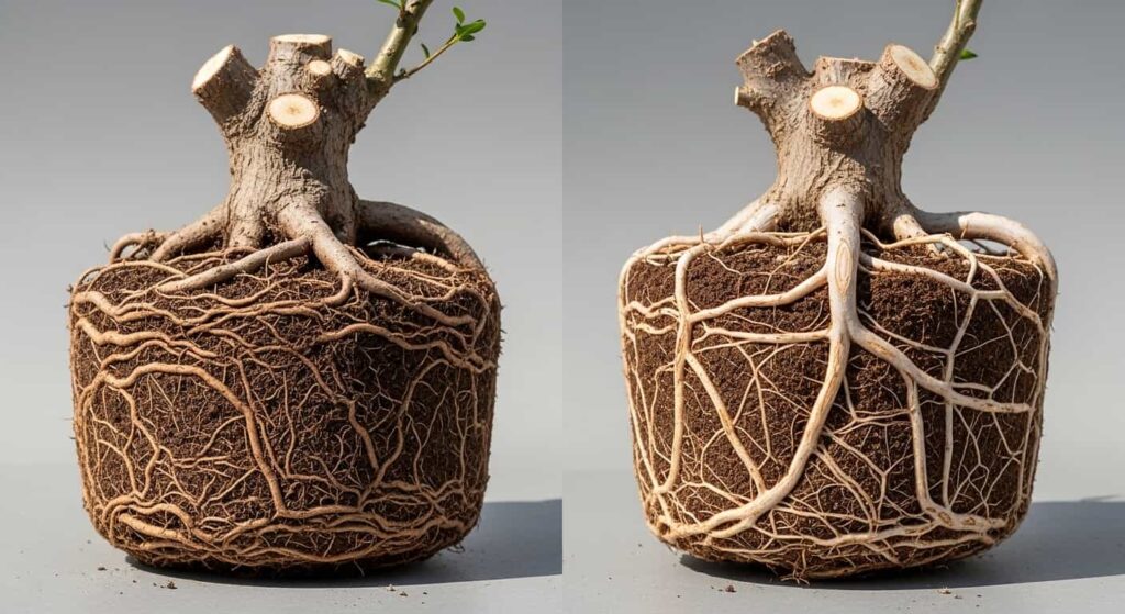 Comparison of root-bound bonsai with circling roots versus properly pruned roots with healthy radial spread, showing why root pruning is essential