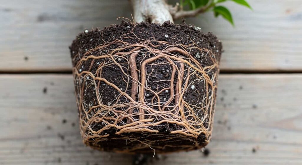 A severely pot-bound bougainvillea bonsai root ball showing thick, circling brown roots that have become compressed and tangled from lack of space.