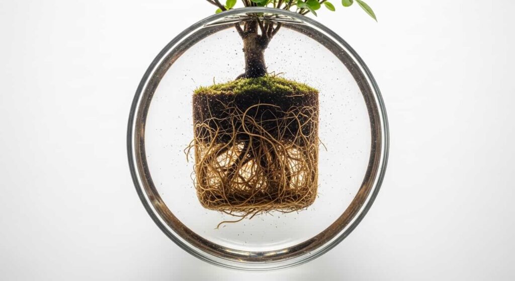 Small bonsai tree fully submerged in glass bowl showing detailed root structure underwater