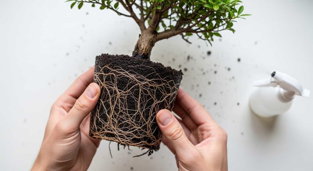 Close-up of clean, exposed Serissa bonsai roots after the root washing process, held carefully in an artist's hands.