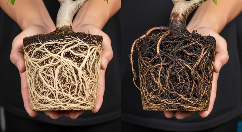Side-by-side comparison of a healthy white bonsai root system and a rotting black and brown root system affected by fungus, held in hands for diagnosis.