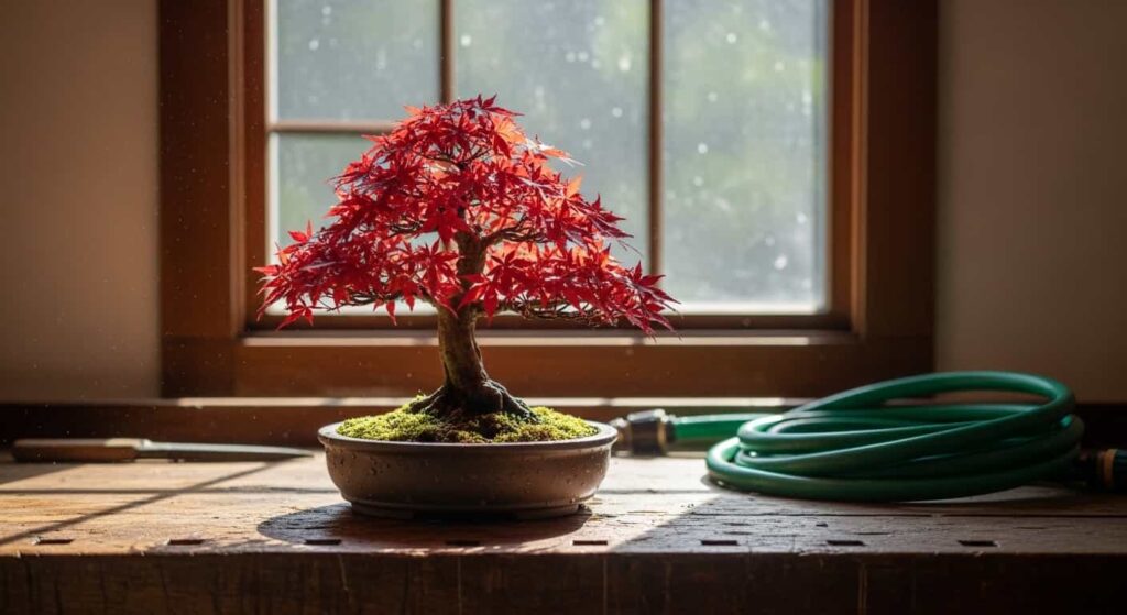 Bonsai tree on wooden workbench with garden hose nearby representing grower anxiety about root washing safety
