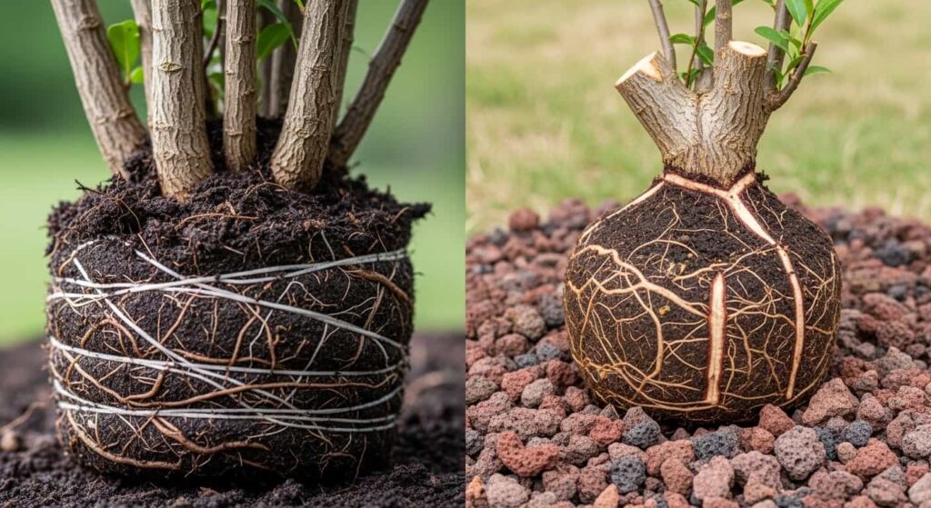 Side-by-side comparison of a bonsai's dense root system before pruning and a significantly reduced root ball after pruning, illustrating the reduced water absorption capacity.