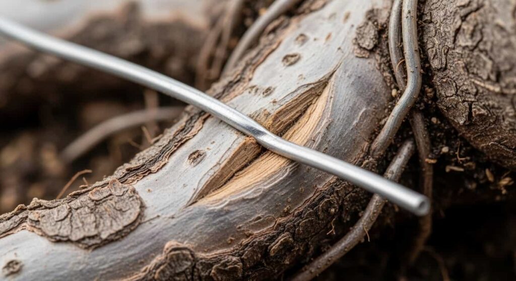 Macro view of aluminum training wire embedded into and growing into the bark of a bonsai surface root, showing the need for careful removal.