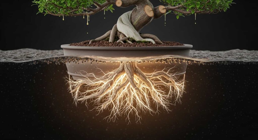 Split-illustration of a bonsai tree showing fresh pruning cuts on branches and new white feeder roots growing in the soil.