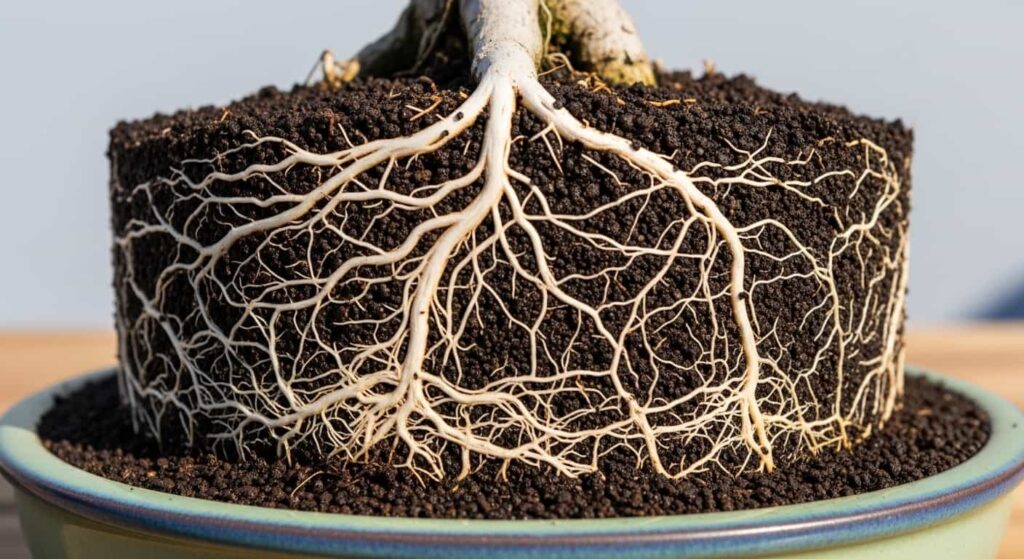Cross-section of healthy Chinese Elm bonsai root system showing dense white feeder roots in shallow ceramic pot with granular soil