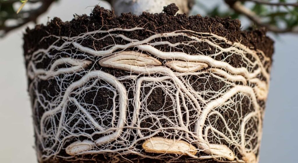 Root-bound olive bonsai with densely coiled roots circling pot interior, demonstrating need for root washing and repotting maintenance