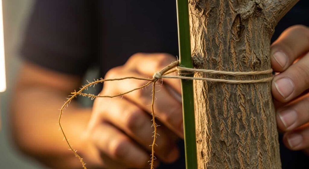 A close-up shot showing a bonsai artist's hands gently guiding a young, flexible aerial root downwards using a small bamboo stake and soft twine, demonstrating a key technique for directing root growth.