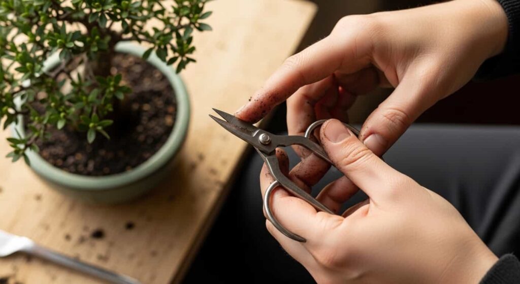 A bonsai practitioner's hands gripping traditional Japanese root scissors, showing the ergonomic fit of the ring handles during a repotting session, with soil on the gloves.