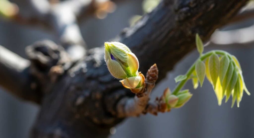 Close-up of a wisteria bonsai branch with swollen buds in early spring, indicating the perfect time for root pruning.
