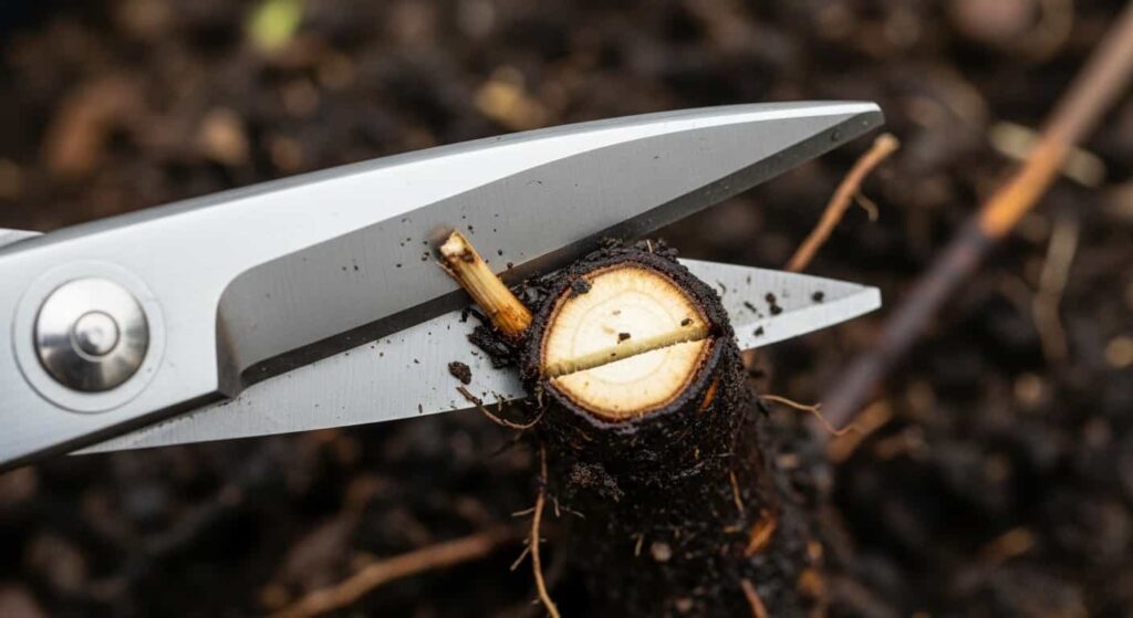 Close-up of sharp bonsai shears cutting away a dark, rotten root from a tree, revealing healthy tissue inside during the root rot treatment process.