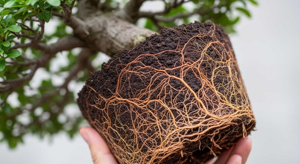 A dense, circling root ball of a bonsai tree removed from its pot, showing it is root-bound and ready for repotting.
