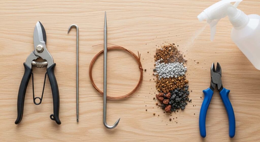 Flat lay of bonsai repotting tools including pruners, root rake, wire, and a mix of akadama, pumice, and lava rock soil.